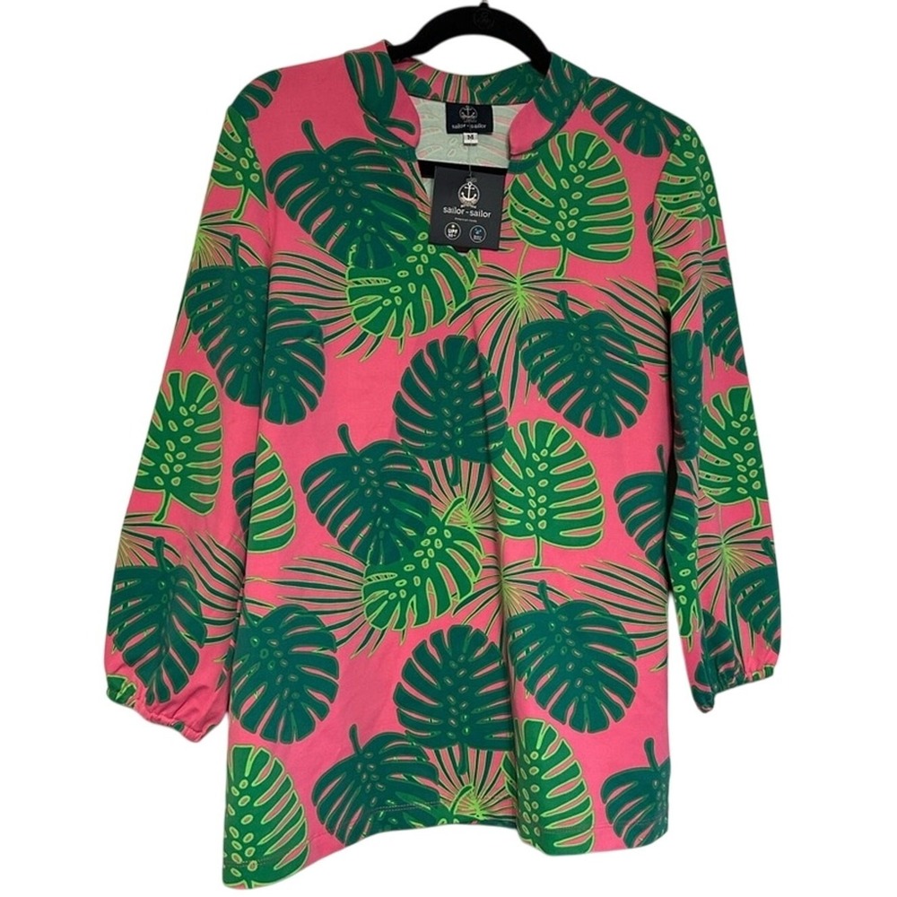Sailor-Sailor Tunic Women M Pink Green NWT Tropical Palm SPF 50 3/4 Blouse